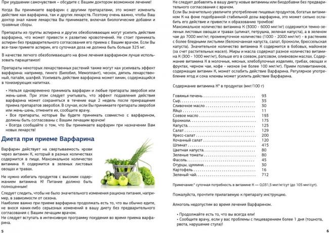 Диета при приеме варфарина: свойства препарата, правила питания, ограничения в приеме пищи, составление меню